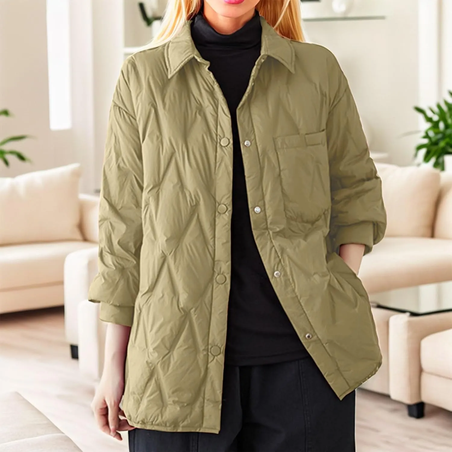 Women's Winter Quilted Jackets Casual Lightweight Puffer Jacket Button Casual Outerwear Down Winter Coat with Pockets