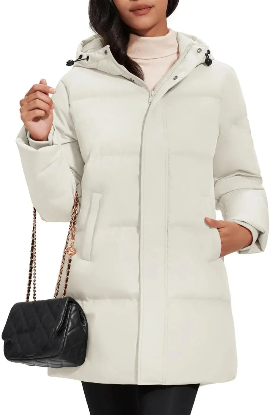 Women's Winter Quilted White Duck Down Jackets Padded Warm Hooded Puffer Coats Travel Work Casual Outerwear