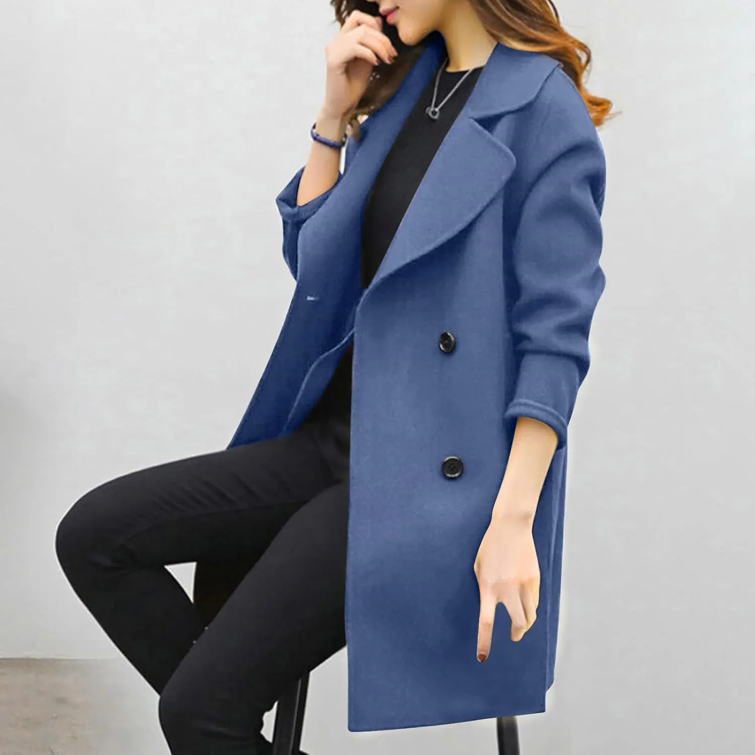 Women's Wool Blend Trench Coats Elegant Notched Collar Double Breasted Pea Coats Mid-Long Oversized Winter Jacket