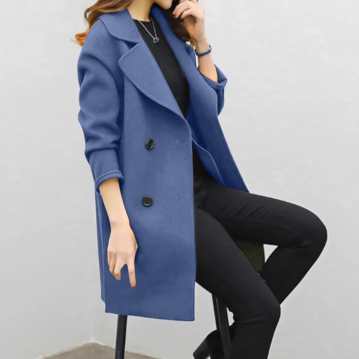 Women's Wool Blend Trench Coats Elegant Notched Collar Double Breasted Pea Coats Mid-Long Oversized Winter Jacket