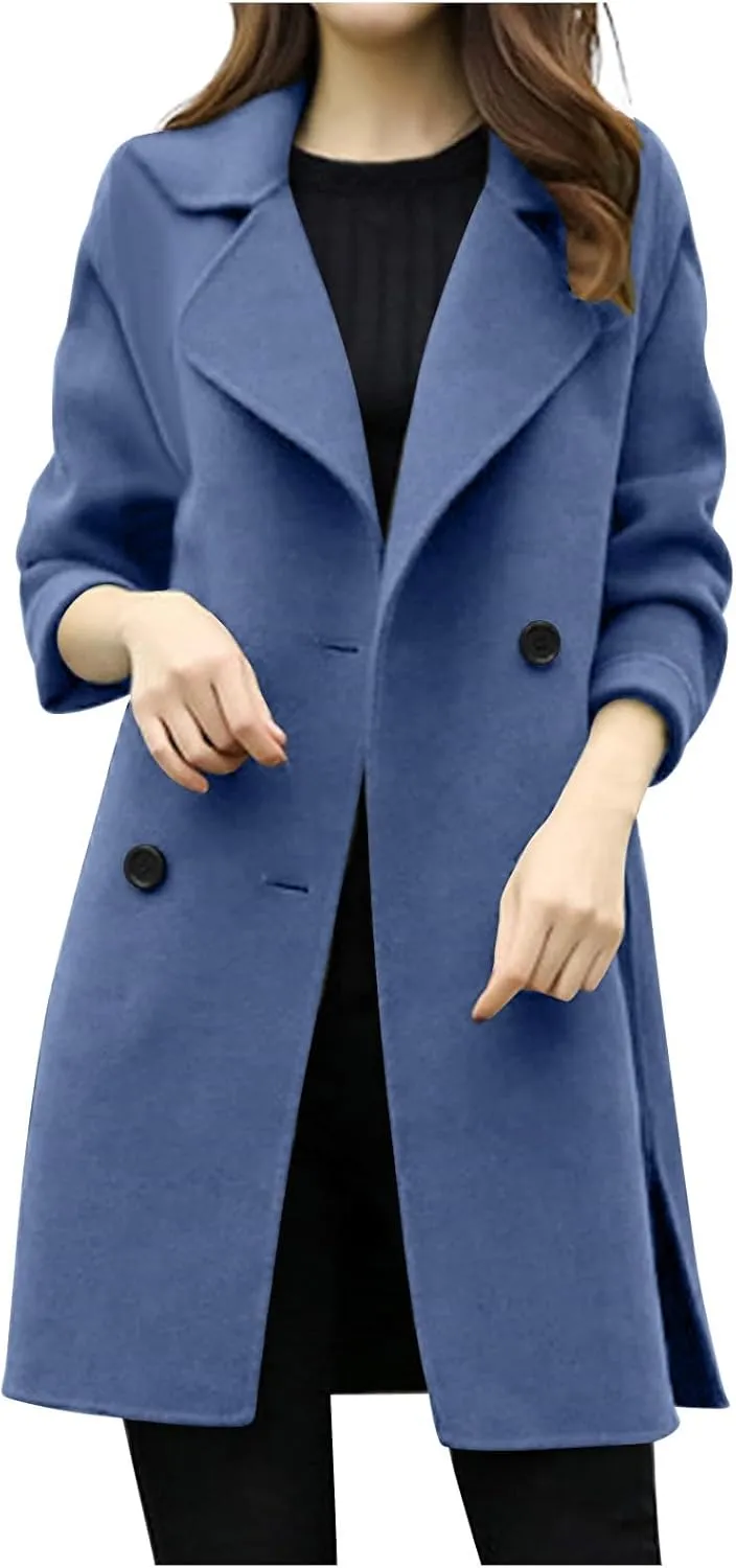 Women's Wool Blend Trench Coats Elegant Notched Collar Double Breasted Pea Coats Mid-Long Oversized Winter Jacket