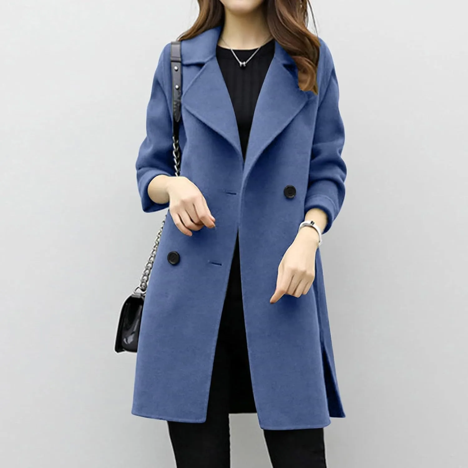 Women's Wool Blend Trench Coats Elegant Notched Collar Double Breasted Pea Coats Mid-Long Oversized Winter Jacket