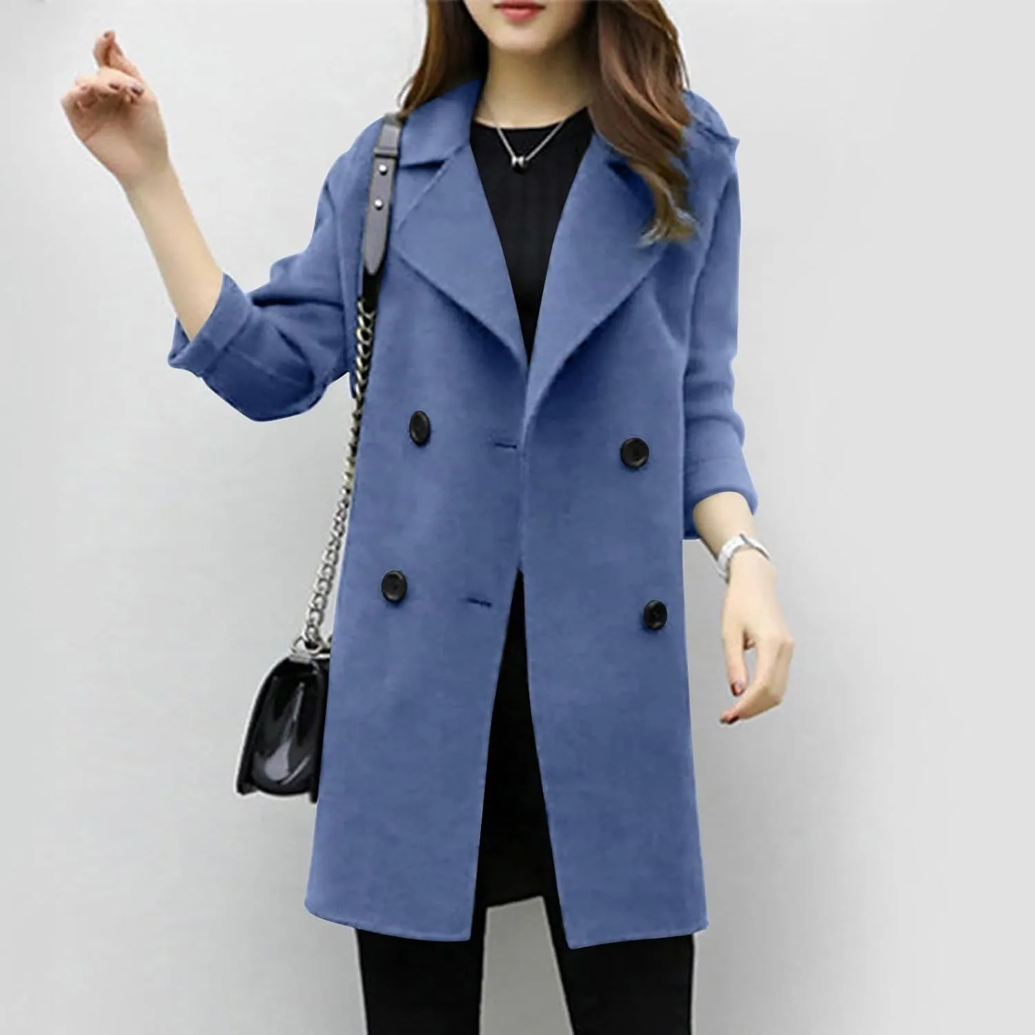 Women's Wool Blend Trench Coats Elegant Notched Collar Double Breasted Pea Coats Mid-Long Oversized Winter Jacket
