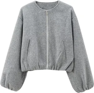 Women's Wool Bomber Cropped Coat Collarless Zipper Wool Blend Short Jacket Lightweight Short Wool Pea Coat