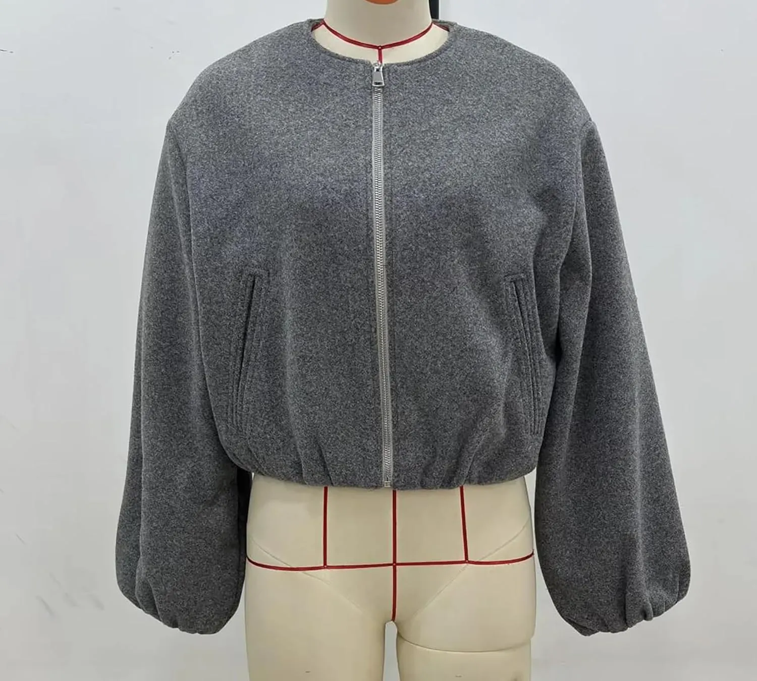Women's Wool Bomber Cropped Coat Collarless Zipper Wool Blend Short Jacket Lightweight Short Wool Pea Coat