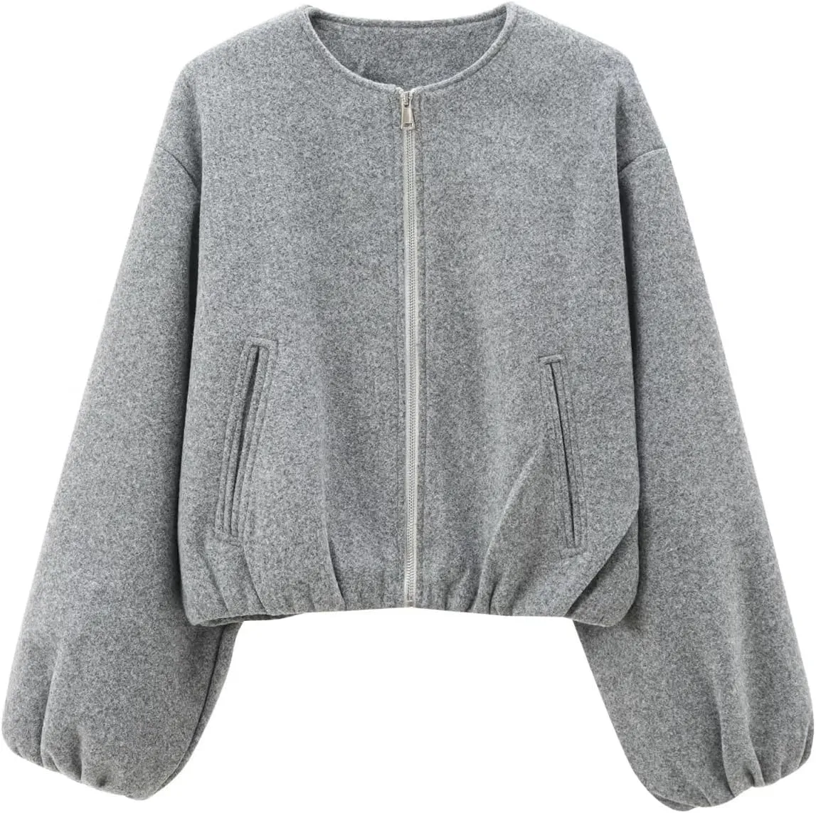 Women's Wool Bomber Cropped Coat Collarless Zipper Wool Blend Short Jacket Lightweight Short Wool Pea Coat