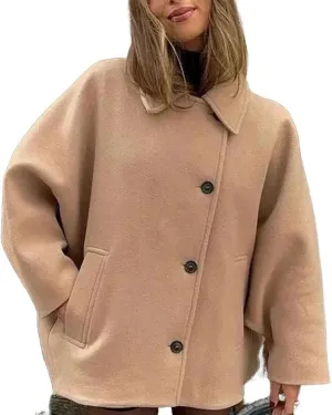 Women's Wool Oversized Jacket Trendy Wool Blend Short Pea Coat Winter Fall Lapel Loose Wool Overcoat