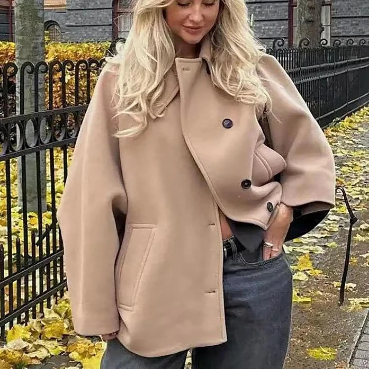 Women's Wool Oversized Jacket Trendy Wool Blend Short Pea Coat Winter Fall Lapel Loose Wool Overcoat