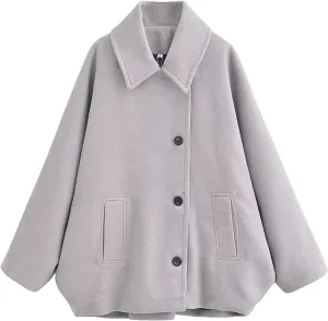 Women's Wool Oversized Jacket Trendy Wool Blend Short Pea Coat Winter Fall Lapel Loose Wool Overcoat