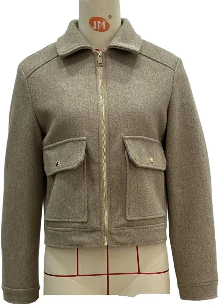 Women's Wool Zip Jacket Fall Winter Wool Short Coat Oversized Long Sleeve Wool Blend Outwear