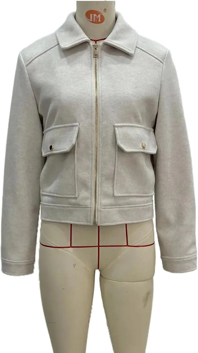 Women's Wool Zip Jacket Fall Winter Wool Short Coat Oversized Long Sleeve Wool Blend Outwear