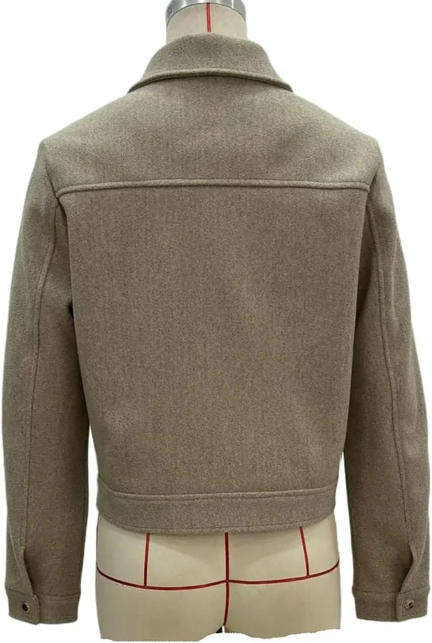 Women's Wool Zip Jacket Fall Winter Wool Short Coat Oversized Long Sleeve Wool Blend Outwear