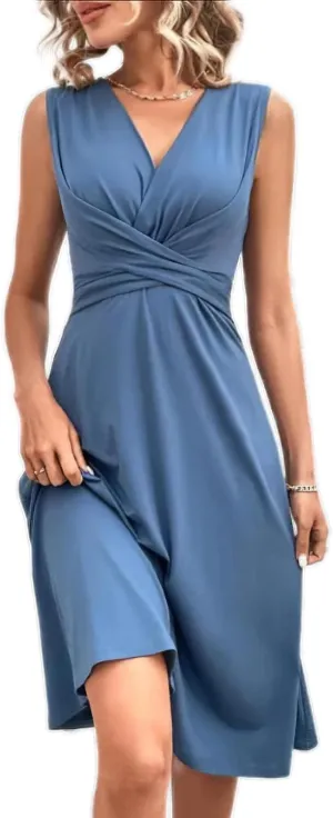 Women's Wrap V Neck Sleeveless Sundress Summer Criss Cross V-Neck Floral Flare Midi Summer Tank Dress for Wedding Guest