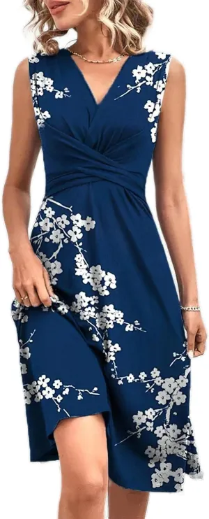 Women's Wrap V Neck Sleeveless Sundress Summer Criss Cross V-Neck Floral Flare Midi Summer Tank Dress for Wedding Guest