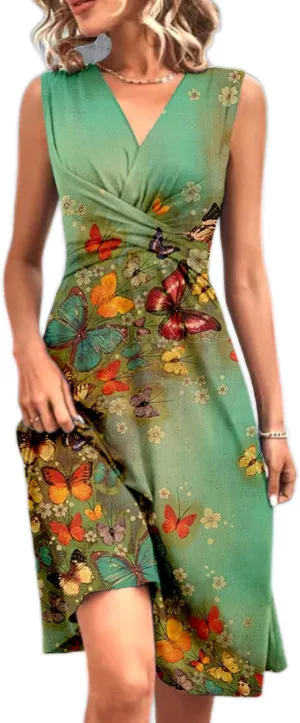 Women's Wrap V Neck Sleeveless Sundress Summer Criss Cross V-Neck Floral Flare Midi Summer Tank Dress for Wedding Guest