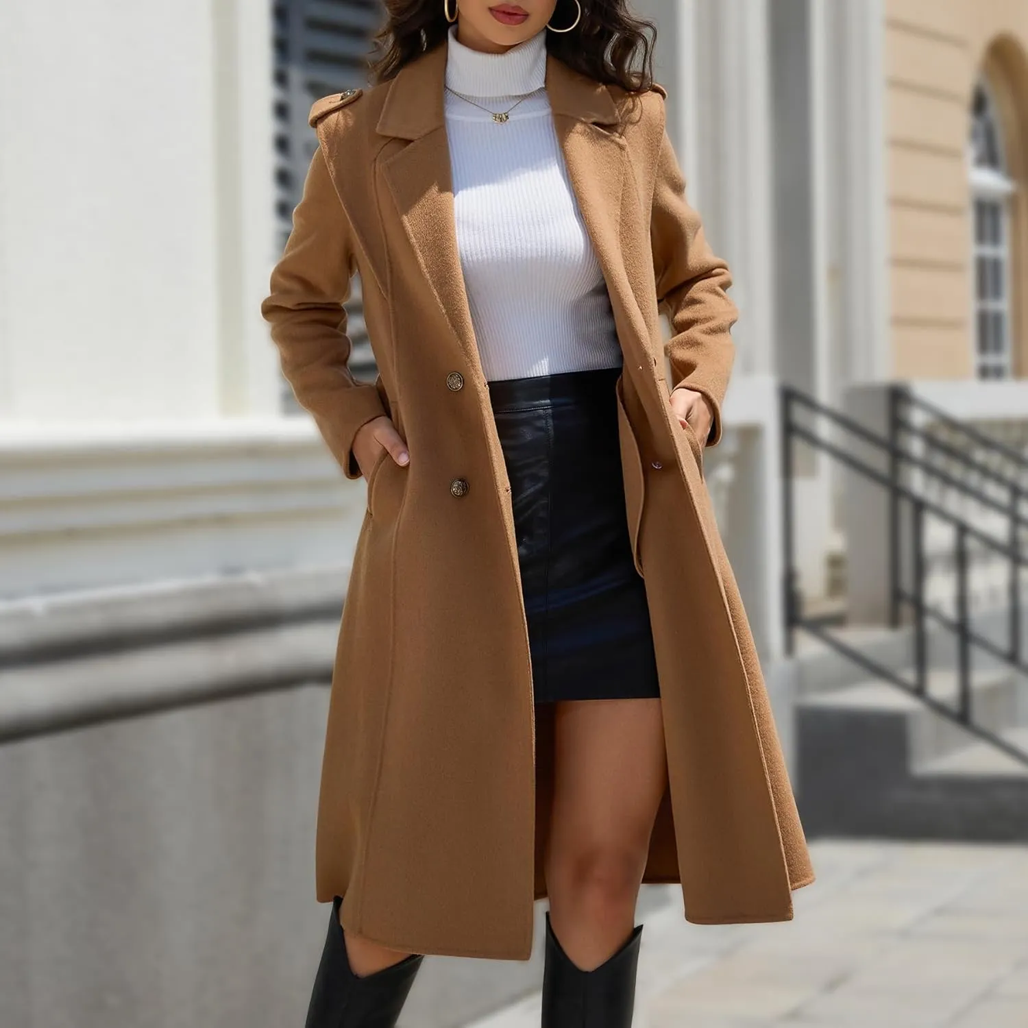 Wool Blend Wrap Coat Women's Superior 70% Wool Coat, Classy Long Wool Coat with Belt