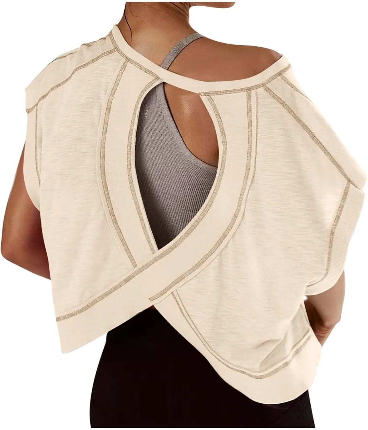 Workout Tops for Women Open Back Athletic Shirts Casual Short Sleeve Round Neck Backless Running Yoga Shirt Crop Top