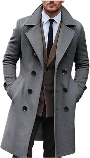 Xiaojmake Mens Trench Coat Slim Double Breasted Overcoat Classic Fall Winter Peacoat Wool Blend Casual Long Jacket Streetwear