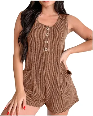 Xiaojmake Women's Striped Short Jumpsuits Cute Crewneck Sleeveless Button front Loose Casual Summer Tank Romper with Pockets