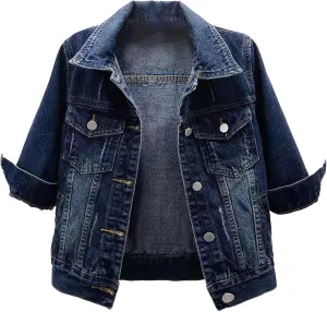 YEAHDOR Womens Trucker Denim Jackets 3/4 Sleeve Basic Button Down Jean Coats Casual Outerwear