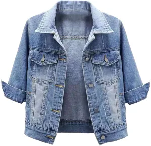 YEAHDOR Womens Trucker Denim Jackets 3/4 Sleeve Basic Button Down Jean Coats Casual Outerwear