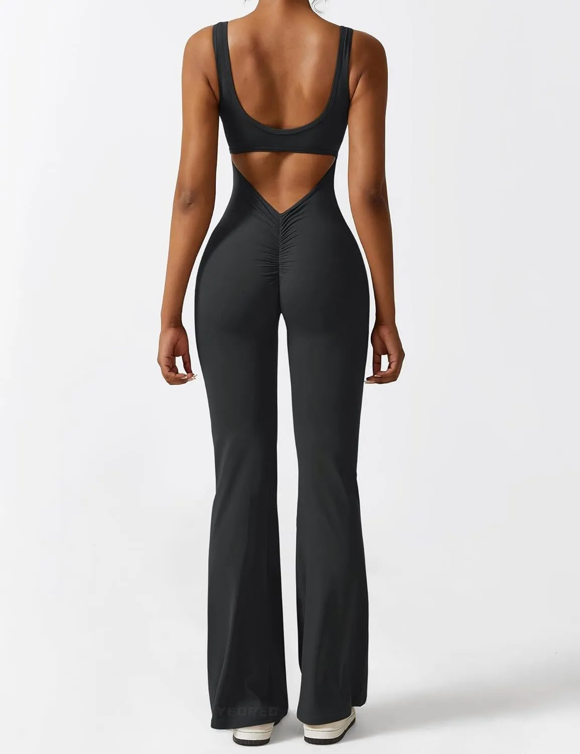 YEOREO Women Workout Scrunch Flare Jumpsuits Sexy Backless Butt Lift Gym Yoga Jumpsuits