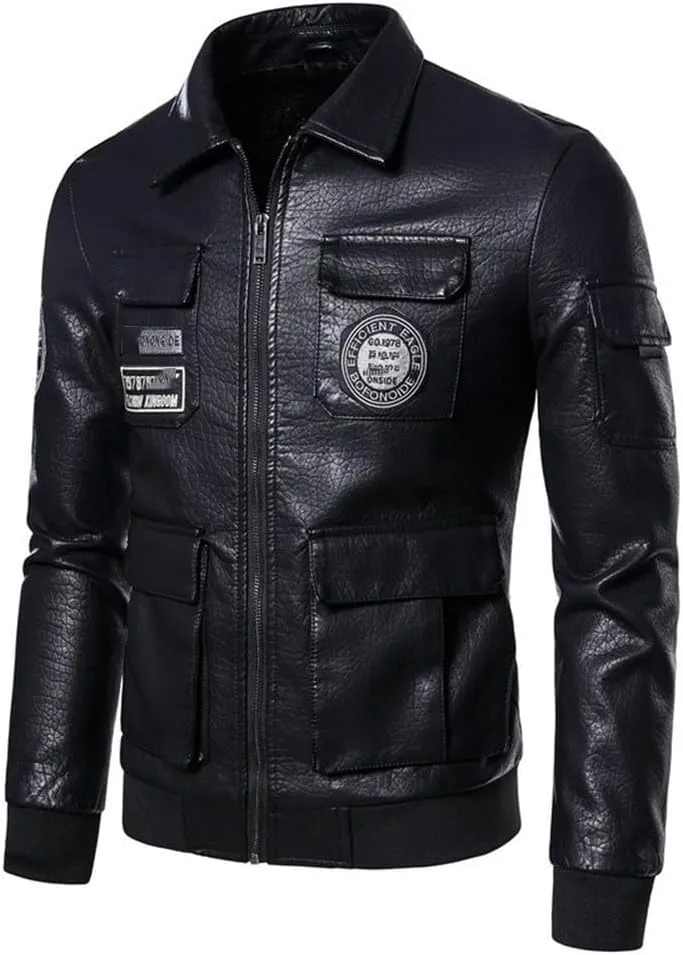 Youllyuu Leather Lapel Pilot Coat Leather Badge Motorcycle Coat Leather Jacket