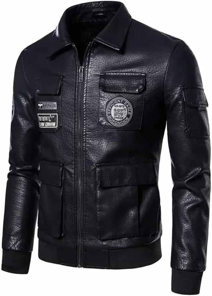Youllyuu Leather Lapel Pilot Coat Leather Badge Motorcycle Coat Leather Jacket
