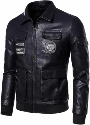 Youllyuu Leather Lapel Pilot Coat Leather Badge Motorcycle Coat Leather Jacket