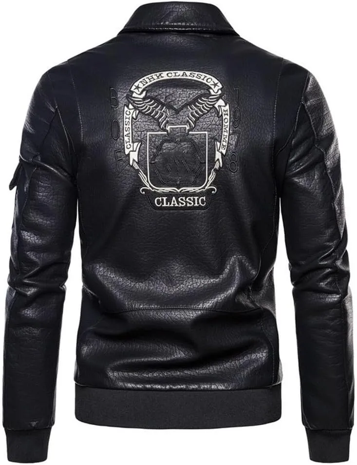 Youllyuu Leather Lapel Pilot Coat Leather Badge Motorcycle Coat Leather Jacket