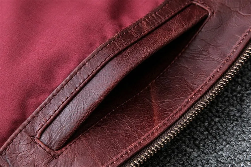 Youllyuu Red Leather Overcoats Men Lapel Leather Jacket Zipper Up Leather Coat Leather Motorcycle Jacket