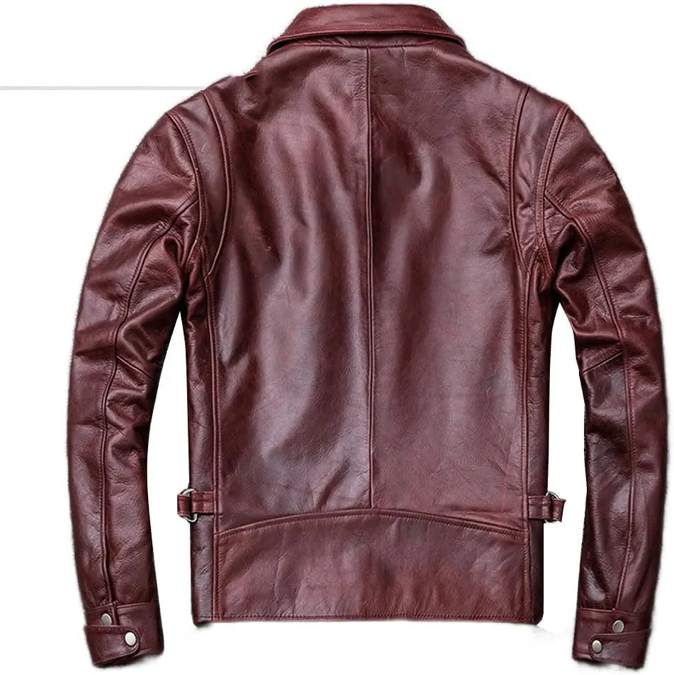 Youllyuu Red Leather Overcoats Men Lapel Leather Jacket Zipper Up Leather Coat Leather Motorcycle Jacket