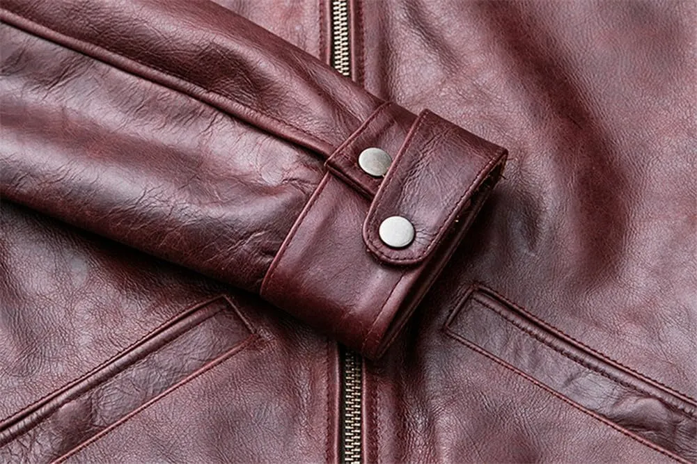 Youllyuu Red Leather Overcoats Men Lapel Leather Jacket Zipper Up Leather Coat Leather Motorcycle Jacket