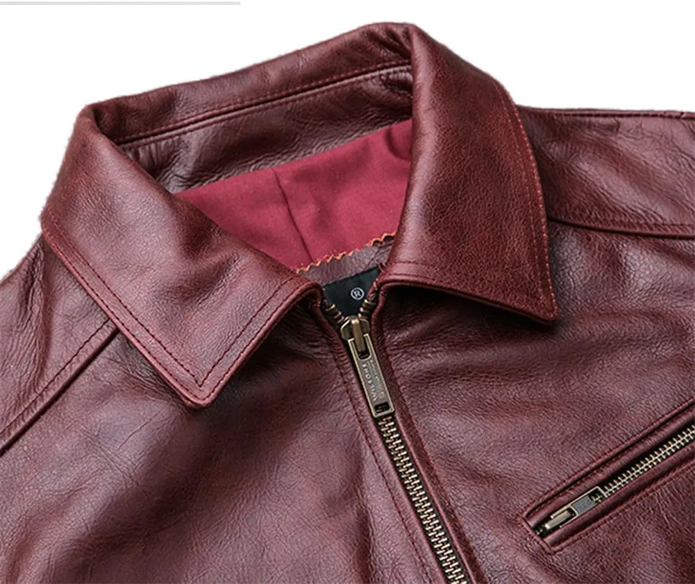 Youllyuu Red Leather Overcoats Men Lapel Leather Jacket Zipper Up Leather Coat Leather Motorcycle Jacket