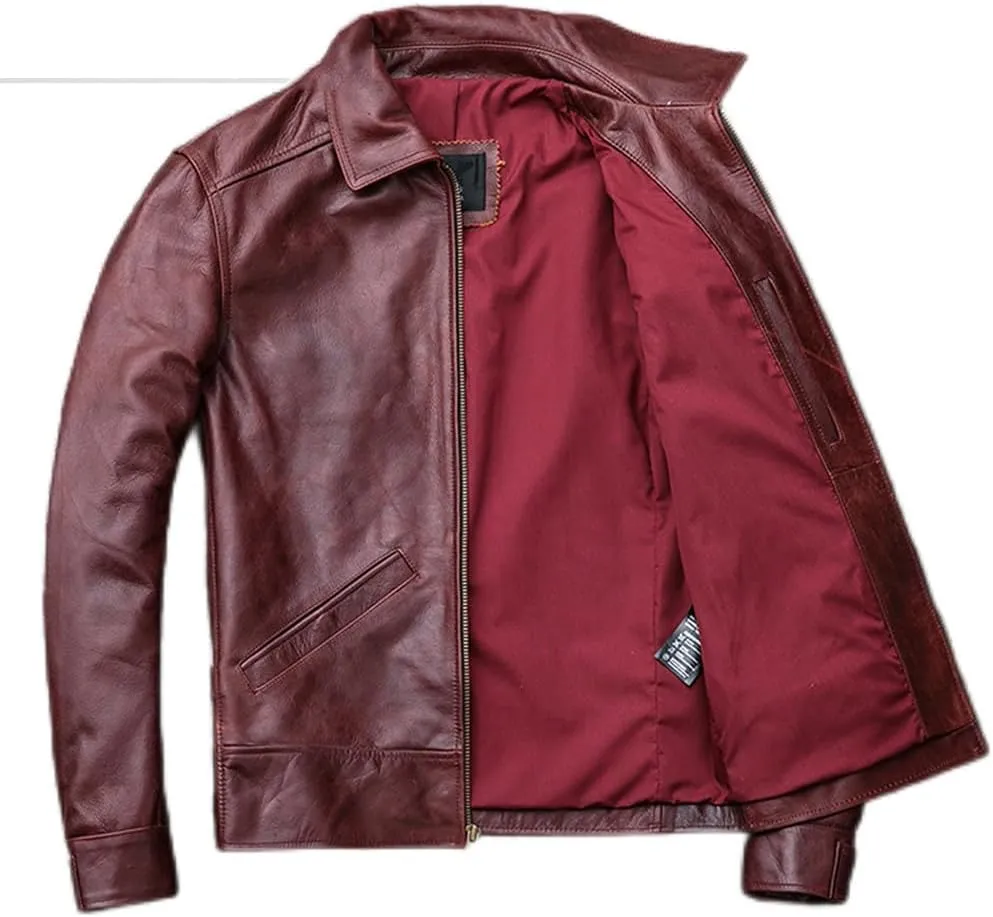 Youllyuu Red Leather Overcoats Men Lapel Leather Jacket Zipper Up Leather Coat Leather Motorcycle Jacket