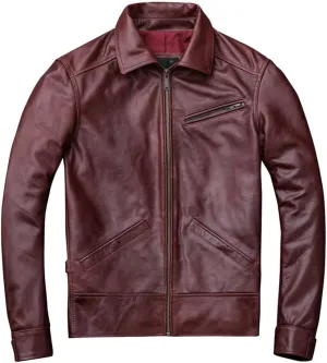 Youllyuu Red Leather Overcoats Men Lapel Leather Jacket Zipper Up Leather Coat Leather Motorcycle Jacket