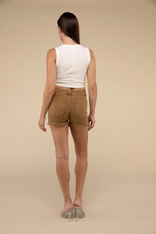 Zenana Vintage Washed Frayed Raw Hem Denim Jean Shorts