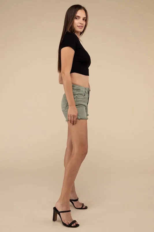 Zenana Vintage Washed Frayed Raw Hem Denim Jean Shorts