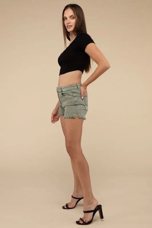 Zenana Vintage Washed Frayed Raw Hem Denim Jean Shorts