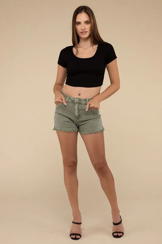 Zenana Vintage Washed Frayed Raw Hem Denim Jean Shorts