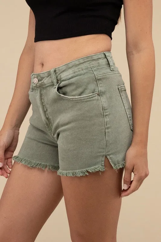 Zenana Vintage Washed Frayed Raw Hem Denim Jean Shorts