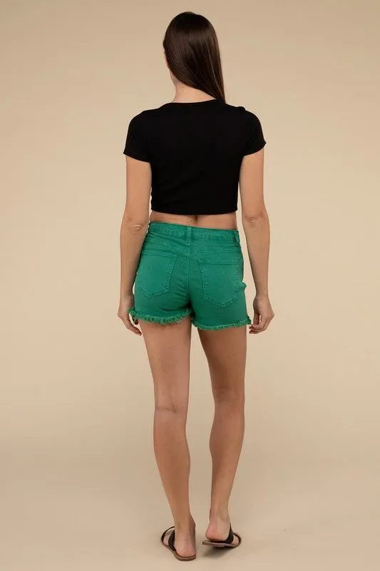 Zenana Vintage Washed Frayed Raw Hem Denim Jean Shorts