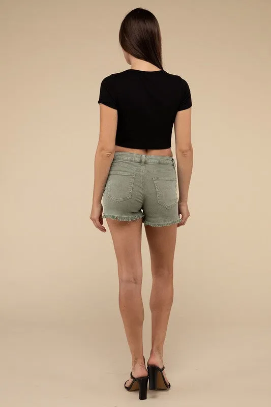 Zenana Vintage Washed Frayed Raw Hem Denim Jean Shorts