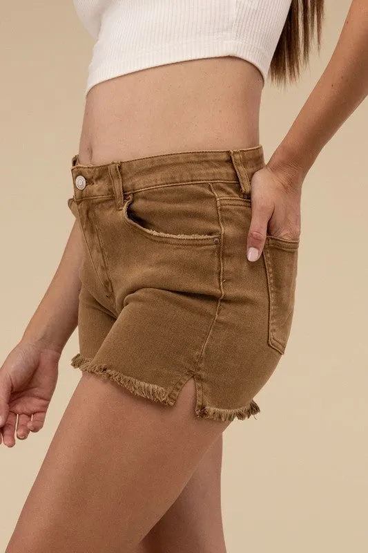 Zenana Vintage Washed Frayed Raw Hem Denim Jean Shorts