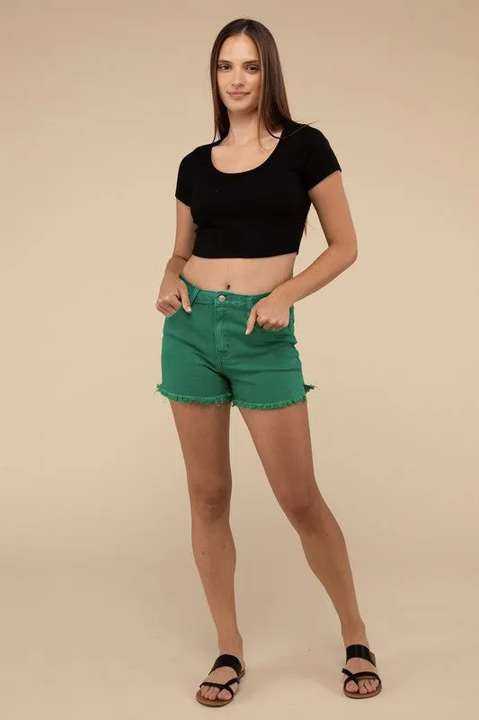 Zenana Vintage Washed Frayed Raw Hem Denim Jean Shorts