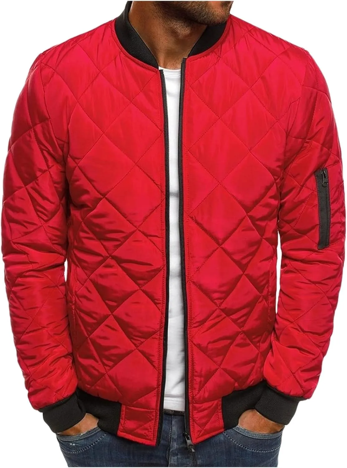 ZWRXW Bomber Jackets for Men Diamond Quilted Puffer Down Jacket Full Zip Lightweight Varsity Padded Coat Winter Warm Outwear