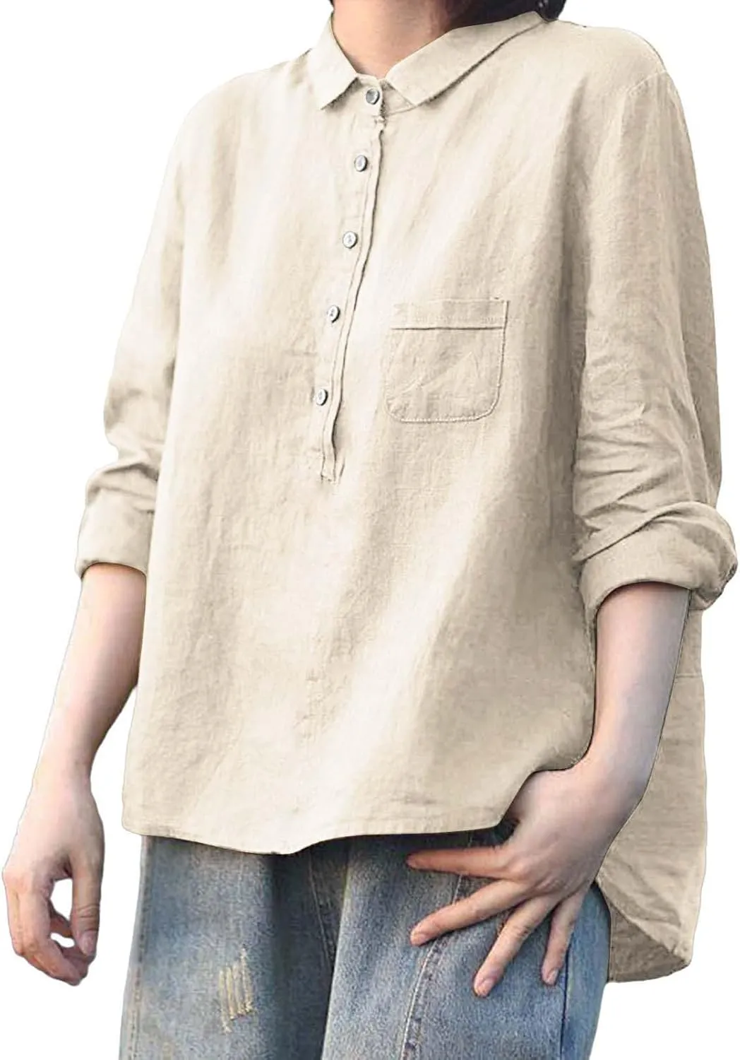 ZYXTIM Women's Cotton Linen Henley Shirts 3/4 Sleeve Lapel Loose Summer Tops Floral Printed Lightweight Casual Blouse Tops