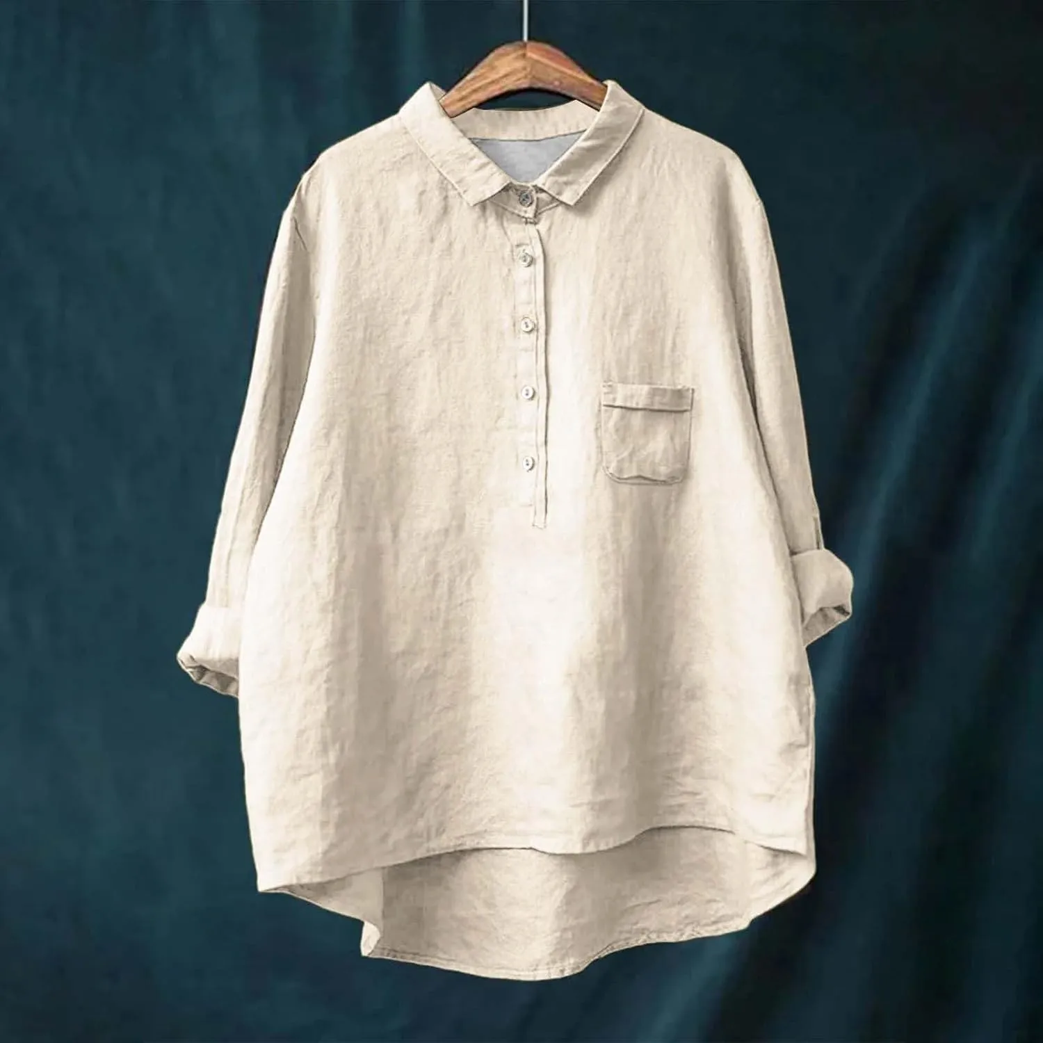 ZYXTIM Women's Cotton Linen Henley Shirts 3/4 Sleeve Lapel Loose Summer Tops Floral Printed Lightweight Casual Blouse Tops