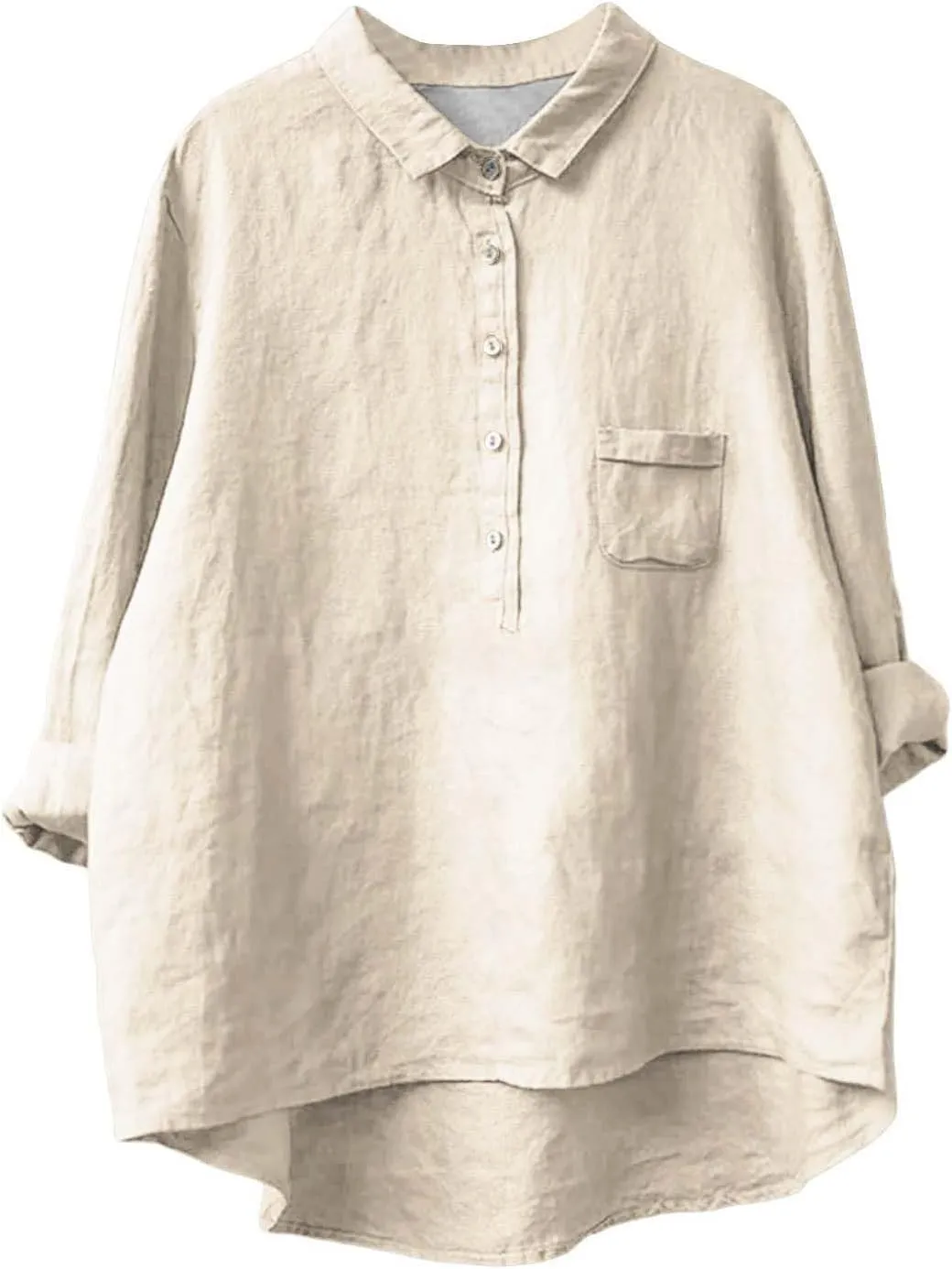 ZYXTIM Women's Cotton Linen Henley Shirts 3/4 Sleeve Lapel Loose Summer Tops Floral Printed Lightweight Casual Blouse Tops